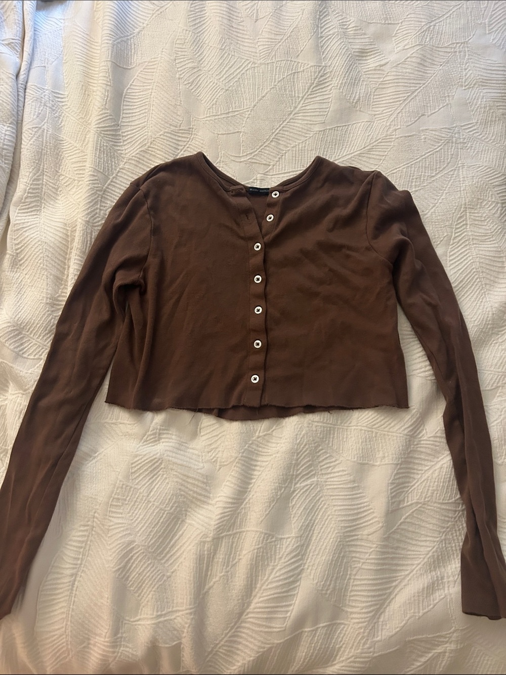 Brandy Melville Cropped Button-Front Long Sleeve Top in Brown